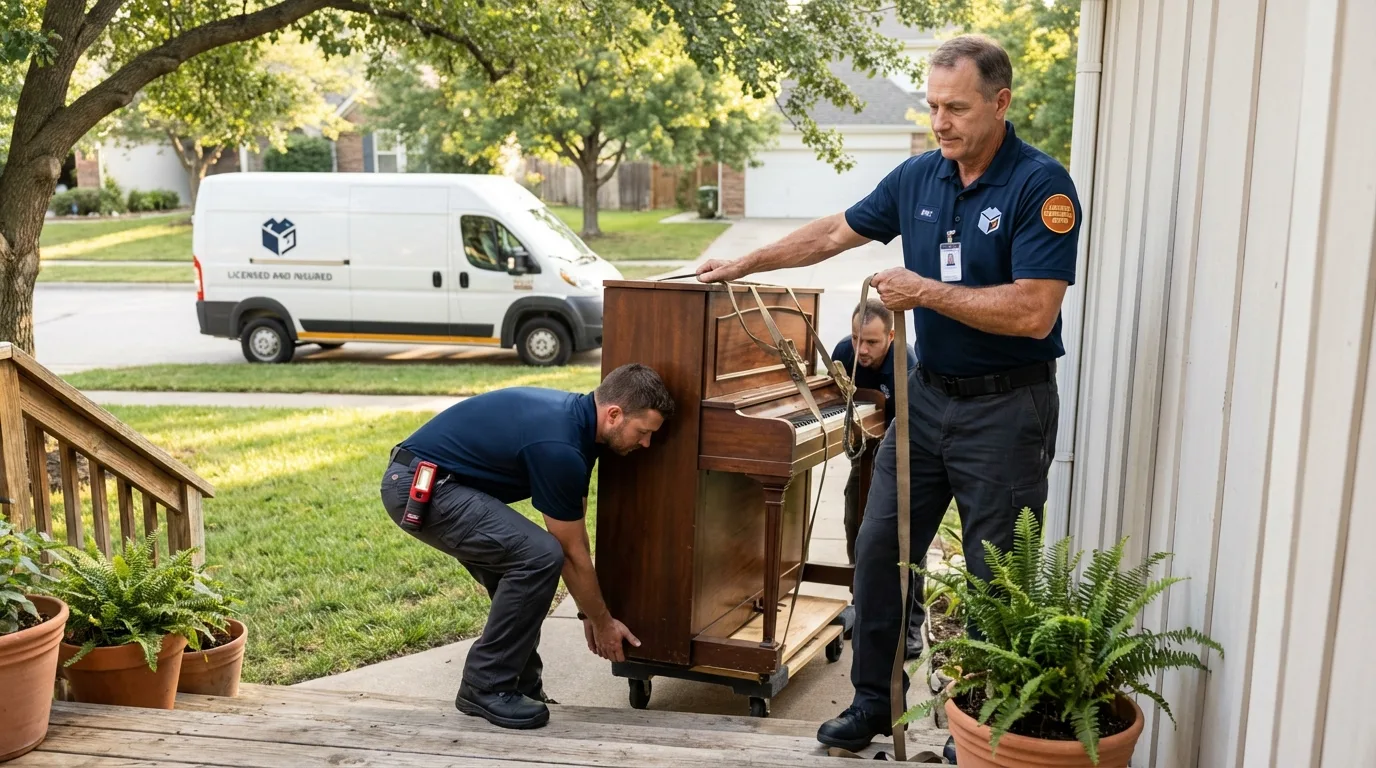 Licensed piano movers securing grand piano in Langley, SC